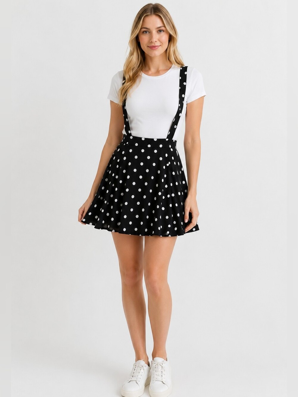 Bethany Mota Black & White Polka Dot Suspender Mini Skirt | Coquette Retro Y2K